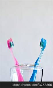 A couple of pink and blue toothbrushes in toothbrush holder.