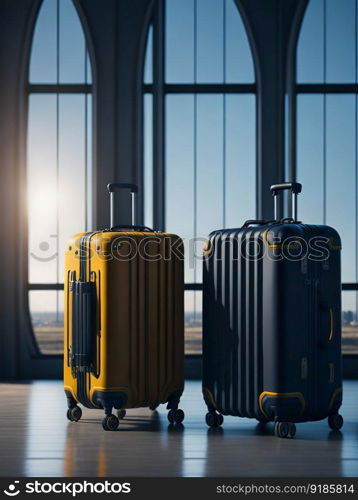 A couple of suitcases sitting in front of a window, blur airplane background. Generative AI.