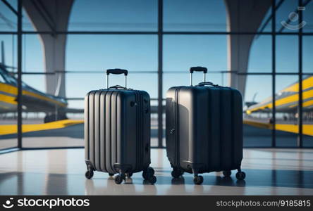 A couple of suitcases sitting in front of a window, blur airplane background. Generative AI.