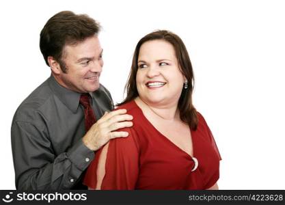 A couple on a blind date meeting for the first time. Isolated on white.