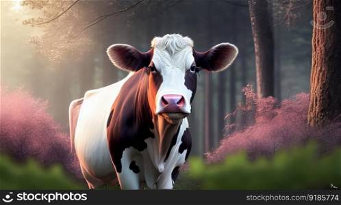 A cow is standing in the grass, cinematic forest lighting. Generative AI.