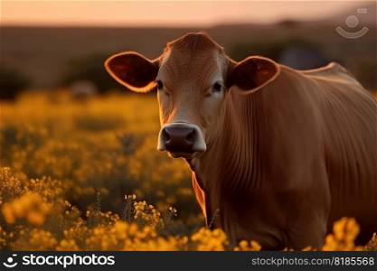 A cow on a field with some flowers created with generative AI technology