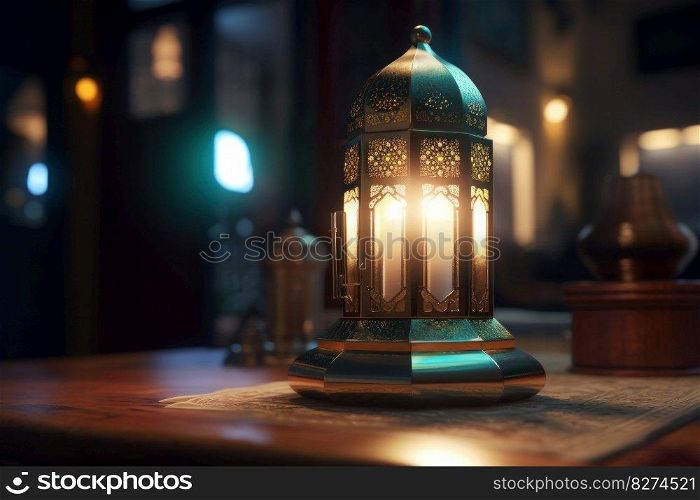 A cozy and inviting room with a glowing Ramadan lantern and traditional Arabic decor, perfect for creating a warm and comforting ambiance. AI Generative.