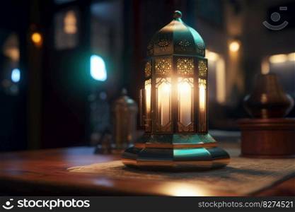 A cozy and inviting room with a glowing Ramadan lantern and traditional Arabic decor, perfect for creating a warm and comforting ambiance. AI Generative.
