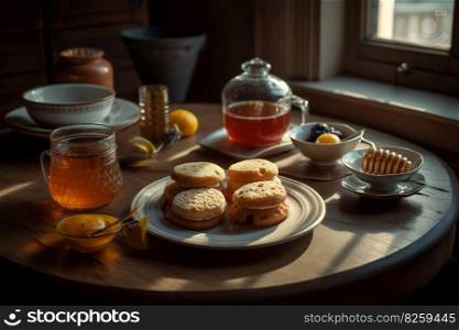 A cozy, honey tea scene, featuring a steaming cup of tea sweetened with a drizzle of golden honey, accompanied by a plate of honey flavored biscuits set in a warm, inviting atmosphere. Generative AI