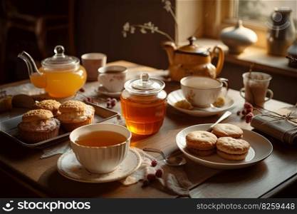 A cozy, honey tea scene, featuring a steaming cup of tea sweetened with a drizzle of golden honey, accompanied by a plate of honey flavored biscuits set in a warm, inviting atmosphere. Generative AI
