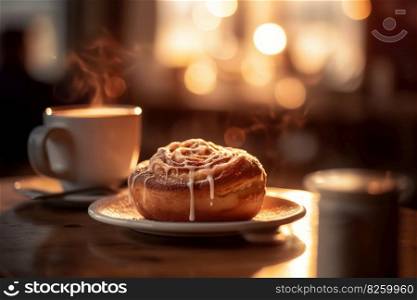 A cozy, inviting scene of a steaming cup of coffee and a deliciously frosted cinnamon roll, with a soft focus background. Generative AI.