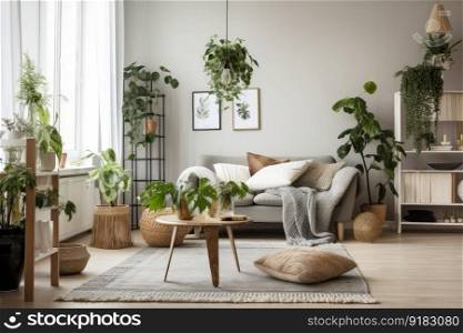 a cozy living room with handpicked plants and greenery, creating a relaxing atmosphere, created with generative ai. a cozy living room with handpicked plants and greenery, creating a relaxing atmosphere