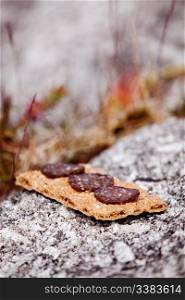 A cracker with slices of meat - Shallow depth of field with focus on first meat slice