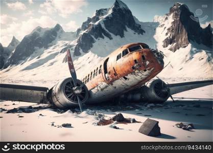 A crashed airplane in the Swiss Alps created by generative AI