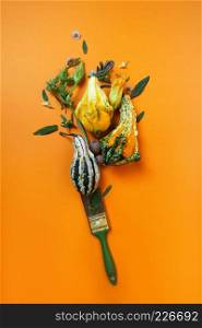A creative autumn composition with a brush of green leaves with flowers and decorative pumpkins on an orange background. creative autumn composition of pumpkins