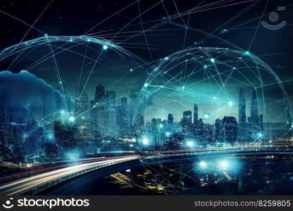 A creative, conceptual image representing automotive global communication, such as a network of connected vehicles, a futuristic cityscape with intelligent transportation systems. Generative AI.