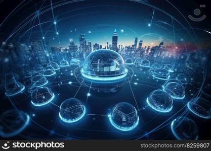 A creative, conceptual image representing automotive global communication, such as a network of connected vehicles, a futuristic cityscape with intelligent transportation systems. Generative AI.