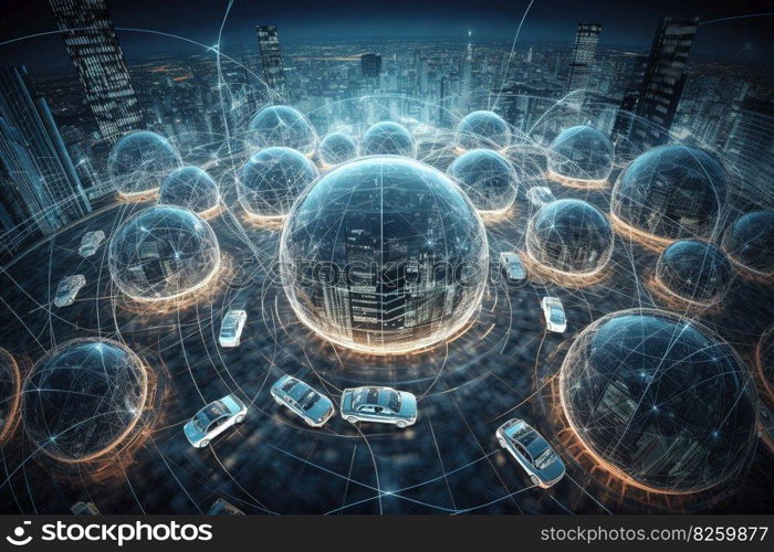 A creative, conceptual image representing automotive global communication, such as a network of connected vehicles, a futuristic cityscape with intelligent transportation systems. Generative AI.