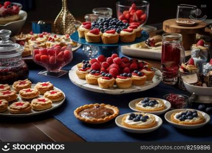 A creative, Independence Day-themed dessert table, patriotic cupcakes, and a star-spangled fruit platter, set in a festive, party atmosphere. Generative AI.