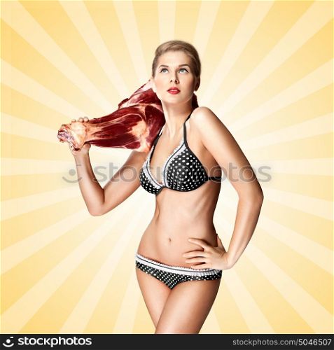 A creative portrait of a beautiful girl in bikini holding raw meat on her shoulder on colorful abstract cartoon style background.