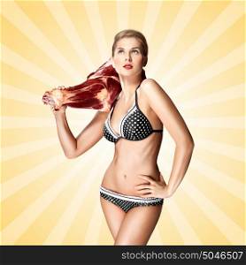 A creative portrait of a beautiful girl in bikini holding raw meat on her shoulder on colorful abstract cartoon style background.