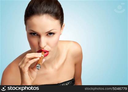 A creative portrait of a beautiful sexy rich woman smoking cigar.