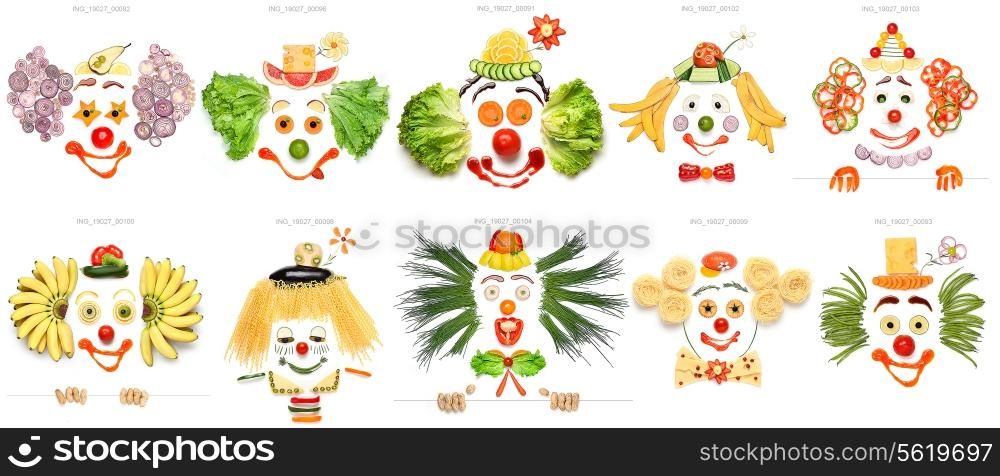 A creative set of food concepts of smiling clowns from vegetables and fruits.
