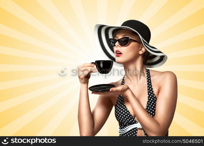 A creative vintage photo of a beautiful pin-up girl drinking tea and showing good table manners on colorful abstract cartoon style background.