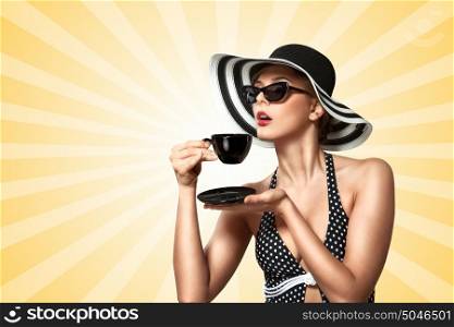 A creative vintage photo of a beautiful pin-up girl drinking tea and showing good table manners on colorful abstract cartoon style background.