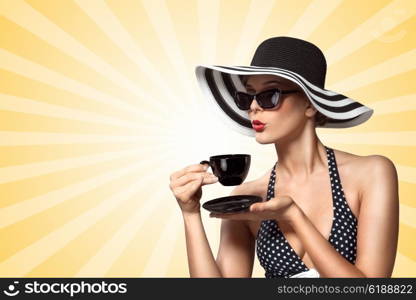 A creative vintage photo of a beautiful pin-up girl drinking tea and showing good table manners on colorful abstract cartoon style background.