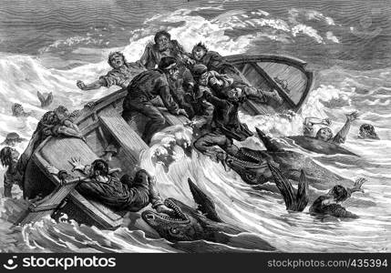 A crew devours by sharks, vintage engraved illustration. Journal des Voyages, Travel Journal, (1879-80).