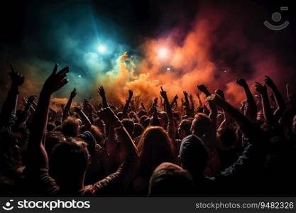 A crowd of people at a live event, concert or party holding hands and smartphones up. Created by AI
