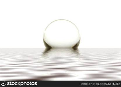 A crystal sphere rising out of calm water with a light colored background. Crystal Ball