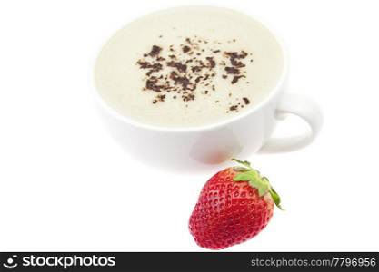a cup of cappuccino and strawberry isolated on white