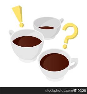A cup of coffee with question and exclamation marks icon in cartoon style on a white background . A cup of coffee with question and exclamation