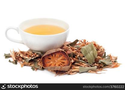A cup of herbal tea with mix of dried lemongrass, pandanas and bael