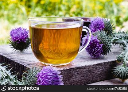 A cup of thistle tea on a woody background on nature. Thistle flowers near the cup with tea. Herbal tea. Close-up.. A cup of thistle tea on a woody background on nature. Thistle flowers near the cup with tea. Herbal tea.