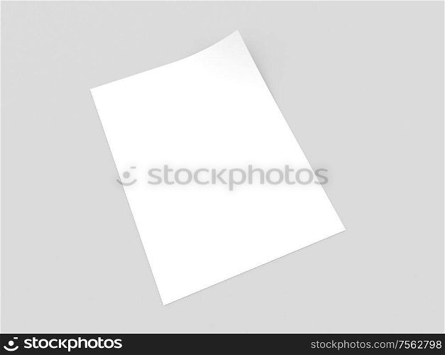 A curved sheet of A4 white paper on a gray background. 3d render illustration.. A curved sheet of A4 white paper on a gray background.