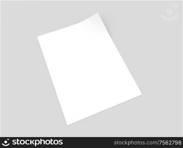 A curved sheet of A4 white paper on a gray background. 3d render illustration.. A curved sheet of A4 white paper on a gray background.