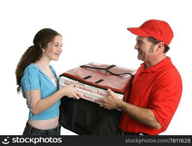 A customer happy to receive her pizza delivery from a friendly pizza man. Isolated on white.