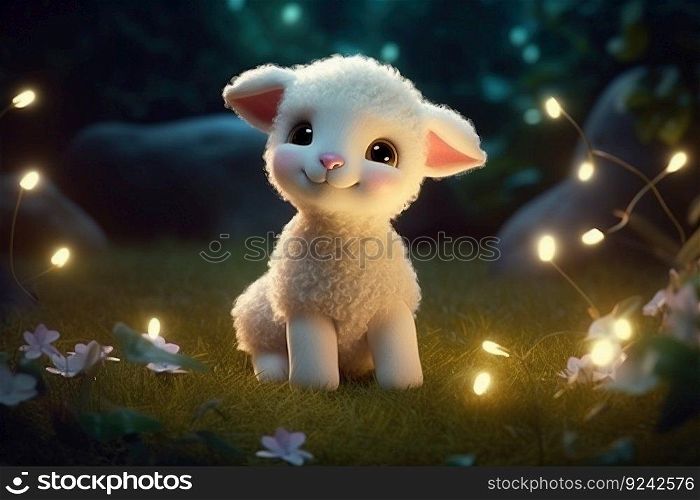 a cute adorable baby lamb  by night with light in nature rendered in the style of children-friendly cartoon animation fantasy style  created by AI