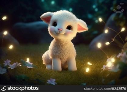 a cute adorable baby lamb  by night with light in nature rendered in the style of children-friendly cartoon animation fantasy style  created by AI