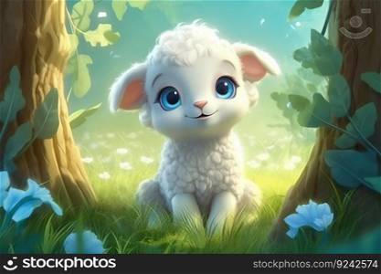 a cute adorable baby lamb in nature rendered in the style of children-friendly cartoon animation fantasy style  created by AI