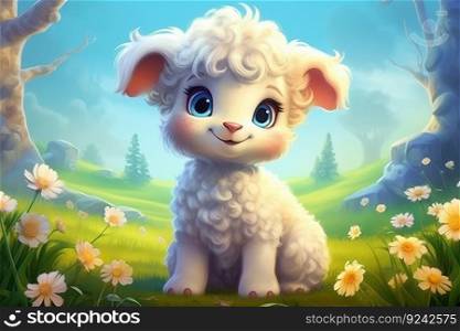 a cute adorable baby lamb in nature rendered in the style of children-friendly cartoon animation fantasy style  created by AI