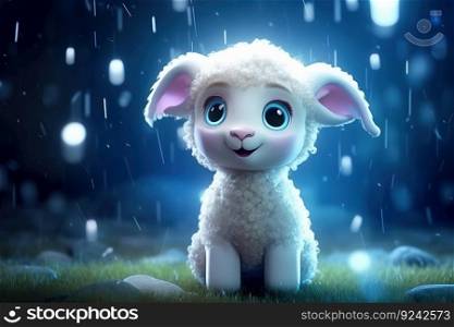 a cute adorable baby lamb  in rain by night vith light in nature rendered in the style of children-friendly cartoon animation fantasy style  created by AI
