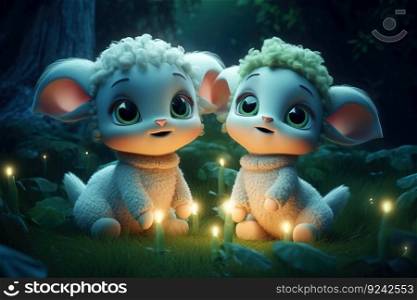 a cute adorable baby lamb with coat and cap, by night vith light in nature rendered in the style of children-friendly cartoon animation fantasy style  created by AI