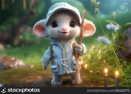 a cute adorable baby lamb with coat and cap in nature rendered in the style of children-friendly cartoon animation fantasy style  created by AI
