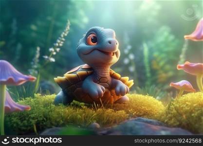 a cute adorable baby turtle in nature rendered in the style of children-friendly cartoon animation fantasy style  created by AI