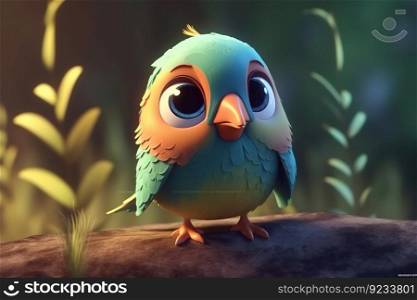 a cute adorable bird sparrow character stands in nature in the style of children-friendly cartoon animation fantasy  created by AI