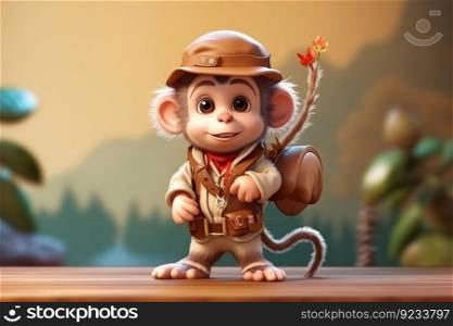 a cute adorable explorer baby Monkey in the style of children-friendly cartoon animation fantasy 3D style Illustration created by AI