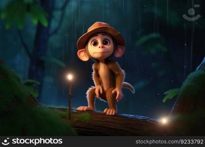 a cute adorable explorer baby Monkey on a tree in jungle by night in strong rain with strong light in the style of children-friendly cartoon animation fantasy 3D style Illustration created by AI
