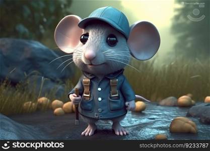 a cute adorable explorer mouse character stands in nature in the style of children-friendly cartoon animation fantasy 3D style Illustration created by AI