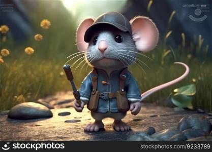 a cute adorable explorer mouse character stands in nature in the style of children-friendly cartoon animation fantasy 3D style Illustration created by AI