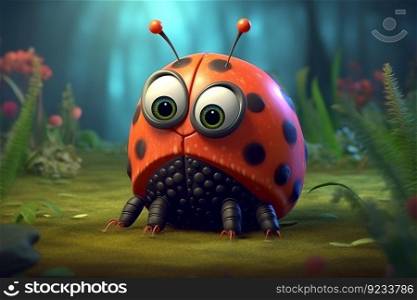 a cute adorable ladybug character stands in nature in the style of children-friendly cartoon animation fantasy created by AI